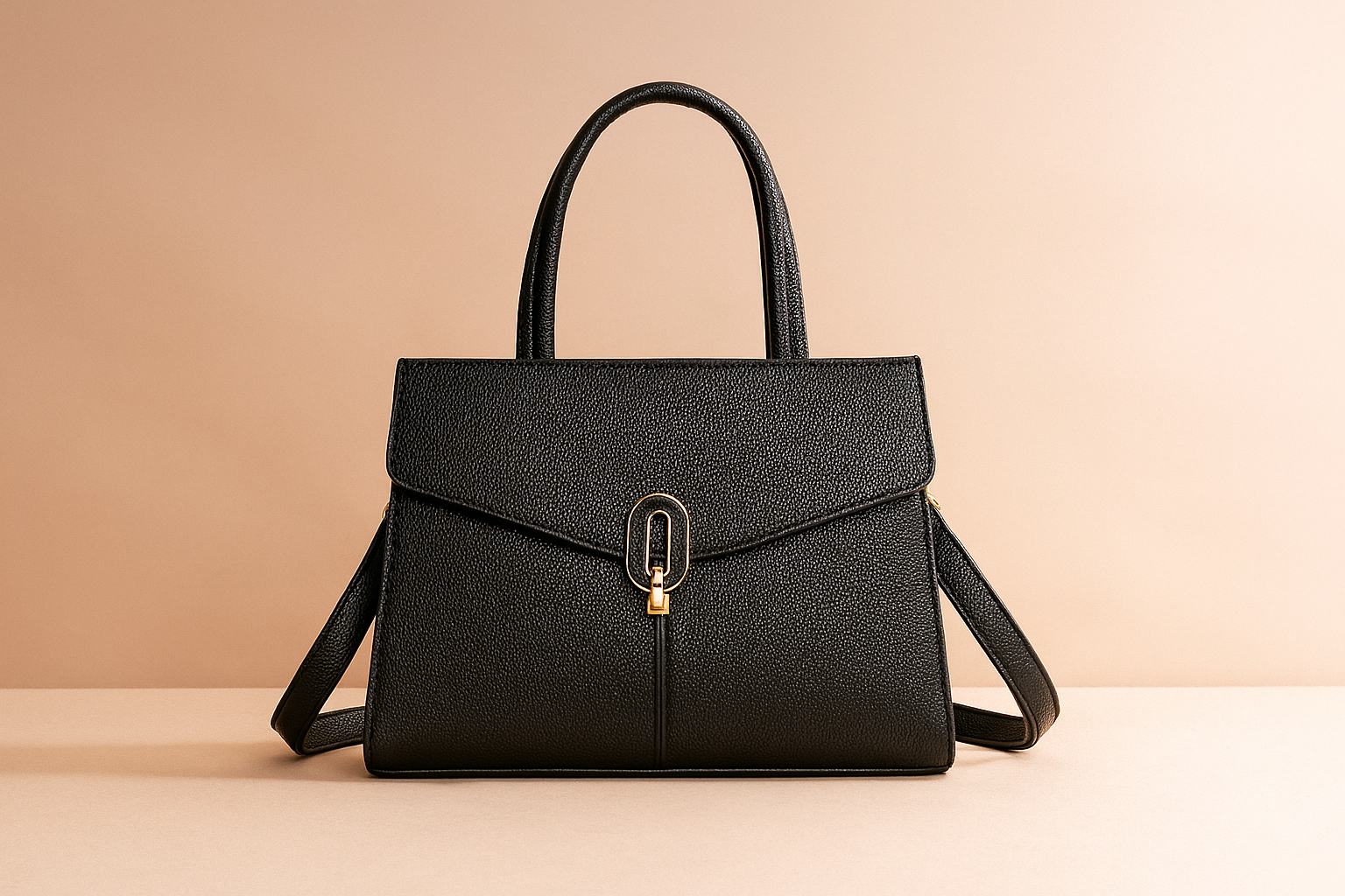 Structured black textured leather handbag with top handles, gold-tone hardware, and detachable shoulder strap, styled on a sandy pastel pink-lit background.