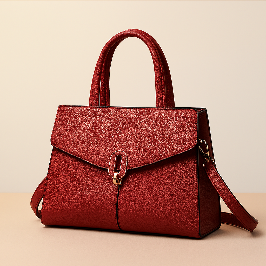 Elegant red pebbled leather handbag with gold clasp, structured silhouette, and dual handles styled on a neutral surface.