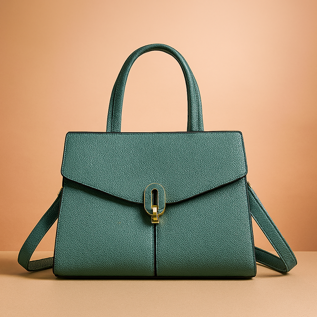 Structured teal handbag with pebbled texture, gold oval clasp, and dual handles, styled on a neutral table with soft gradient background.