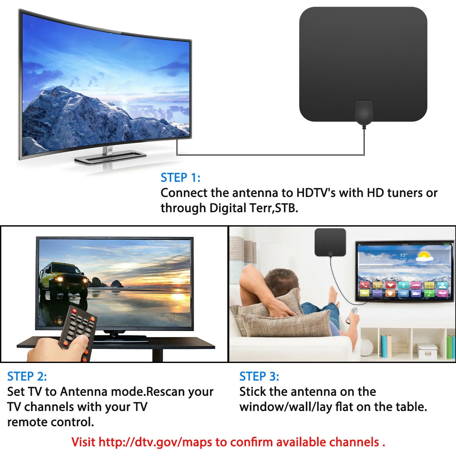 Antena wewnętrzna HDTV cyfrowa ze wzmacniaczem sygnału o zasięgu 300 mil 5