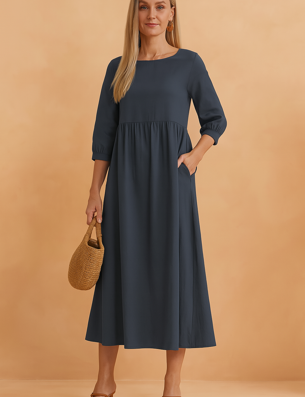 midi dress featuring three-quarter puff sleeves, a high gathered waistline, and a relaxed A-line silhouette