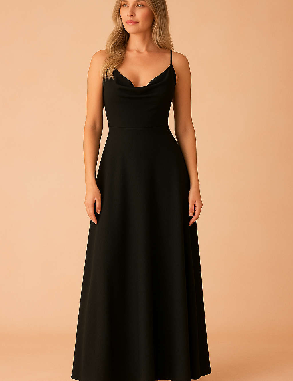 A black A-line maxi dress with cowl neckline and spaghetti straps
