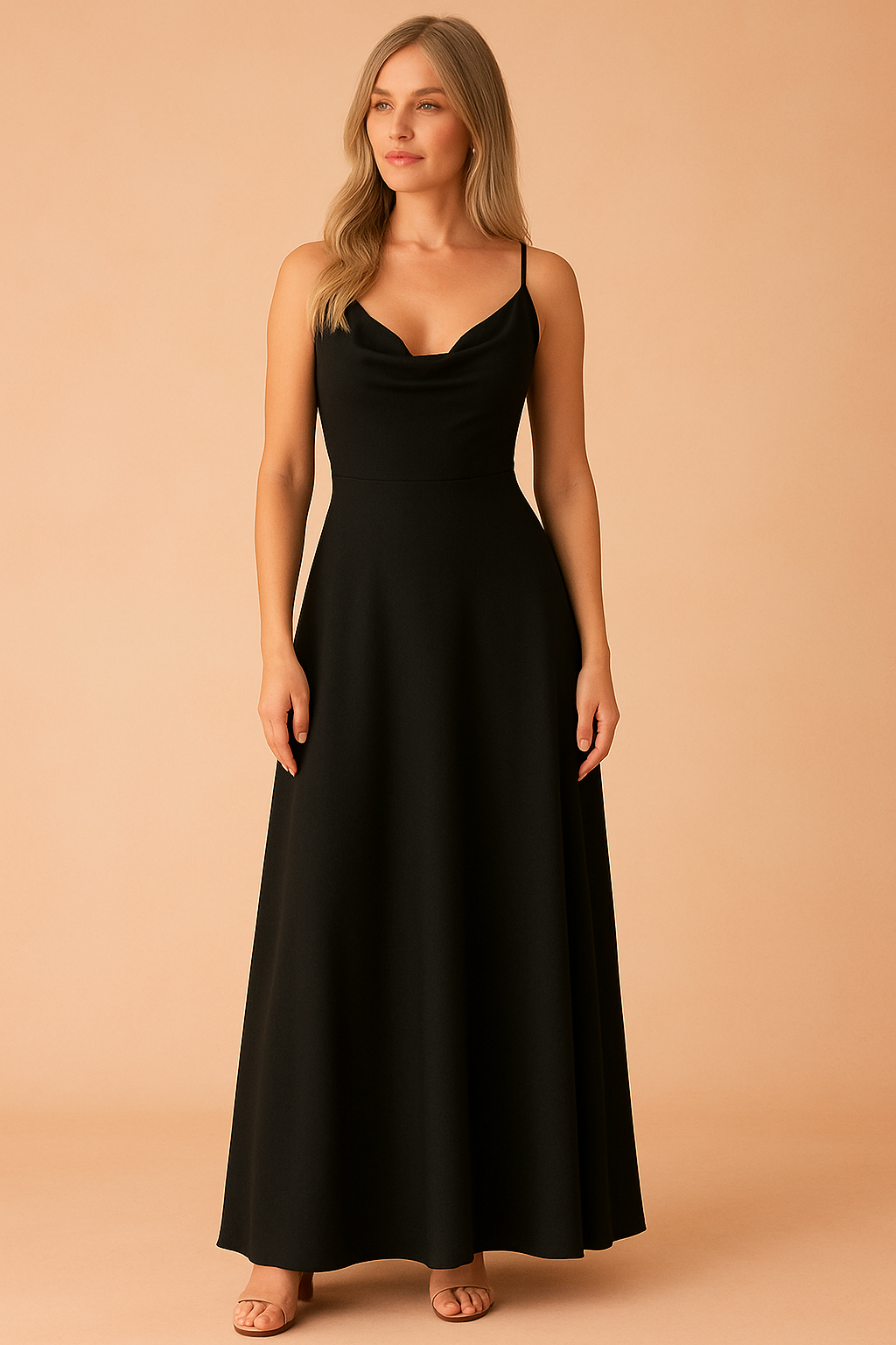 A black A-line maxi dress with cowl neckline and spaghetti straps