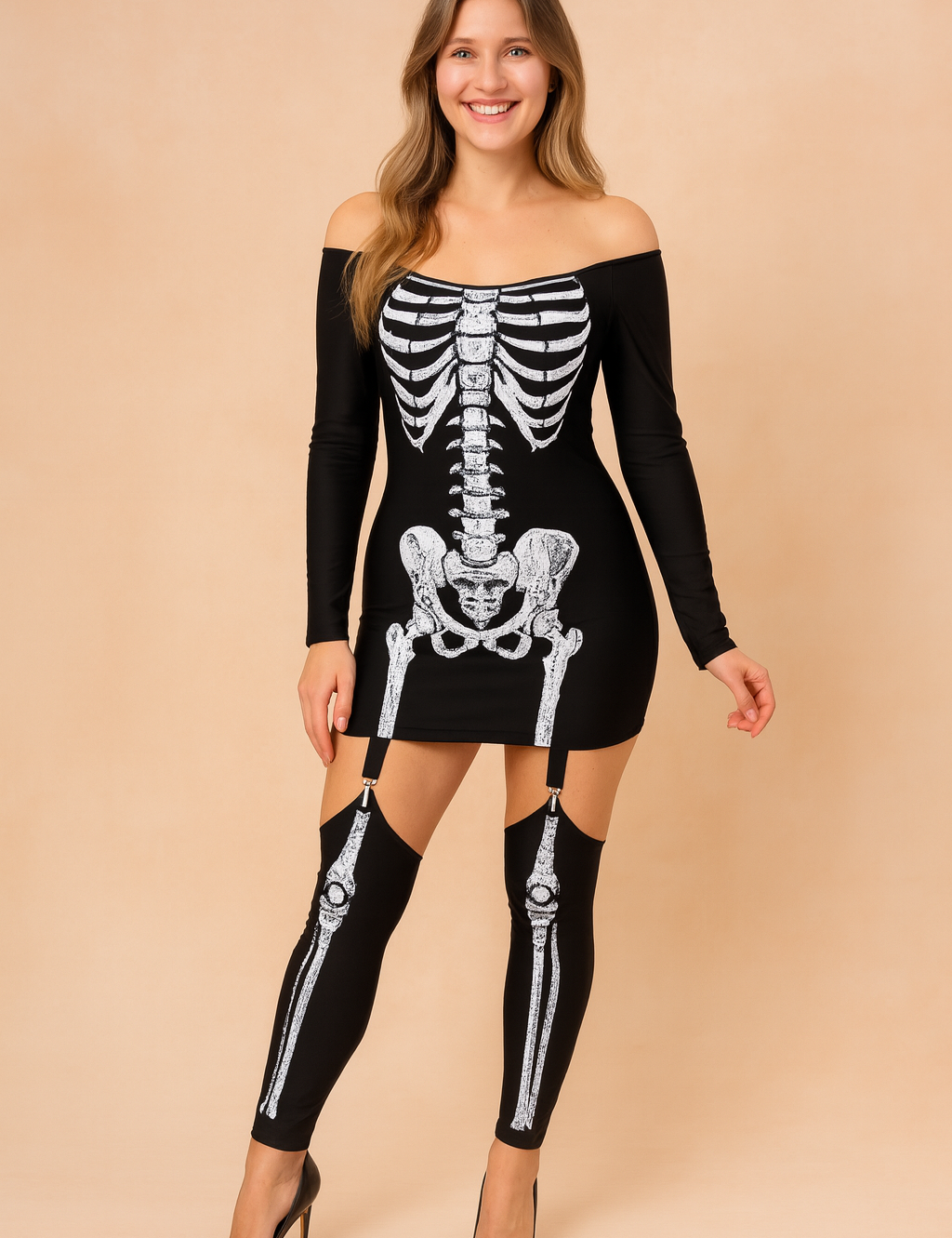 skeleton-print-mini-dress-fashion-pose