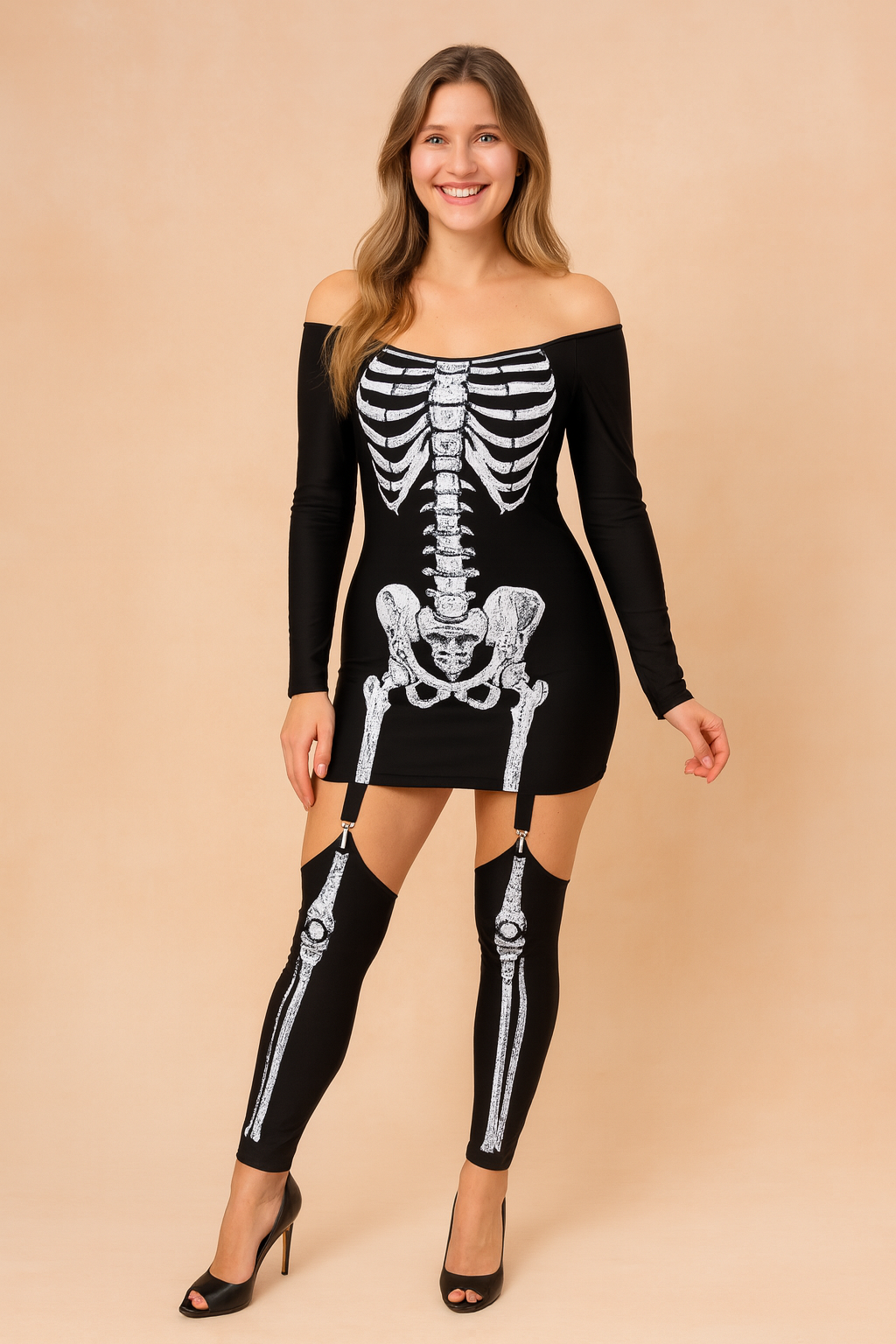 skeleton-print-mini-dress-fashion-pose