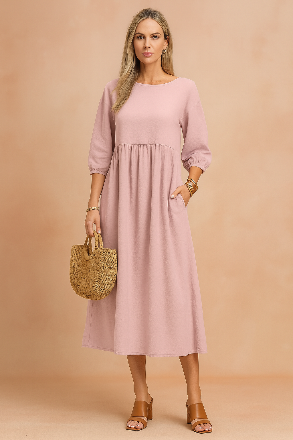 midi dress featuring three-quarter puff sleeves, a high gathered waistline, and a relaxed A-line silhouette