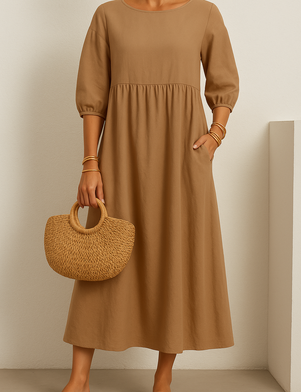 midi dress featuring three-quarter puff sleeves, a high gathered waistline, and a relaxed A-line silhouette