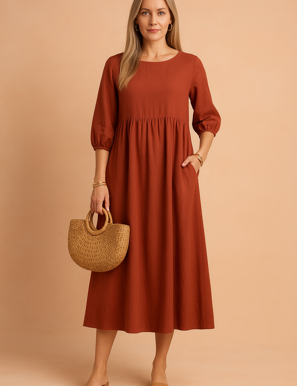 midi dress featuring three-quarter puff sleeves, a high gathered waistline, and a relaxed A-line silhouette