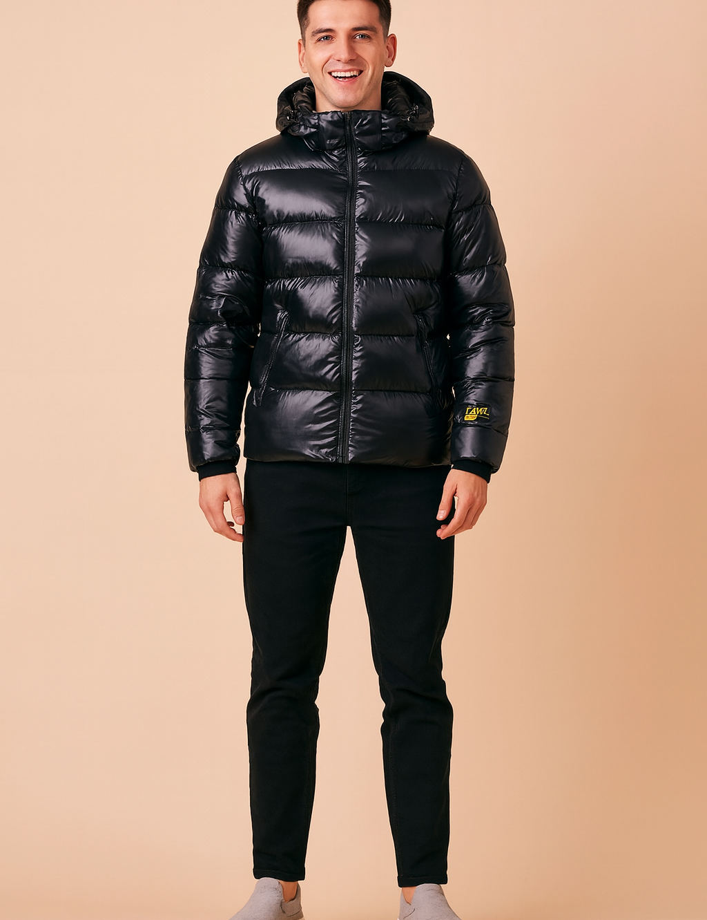 Black glossy puffer jacket with hood, horizontal quilted padding, and zip closure.