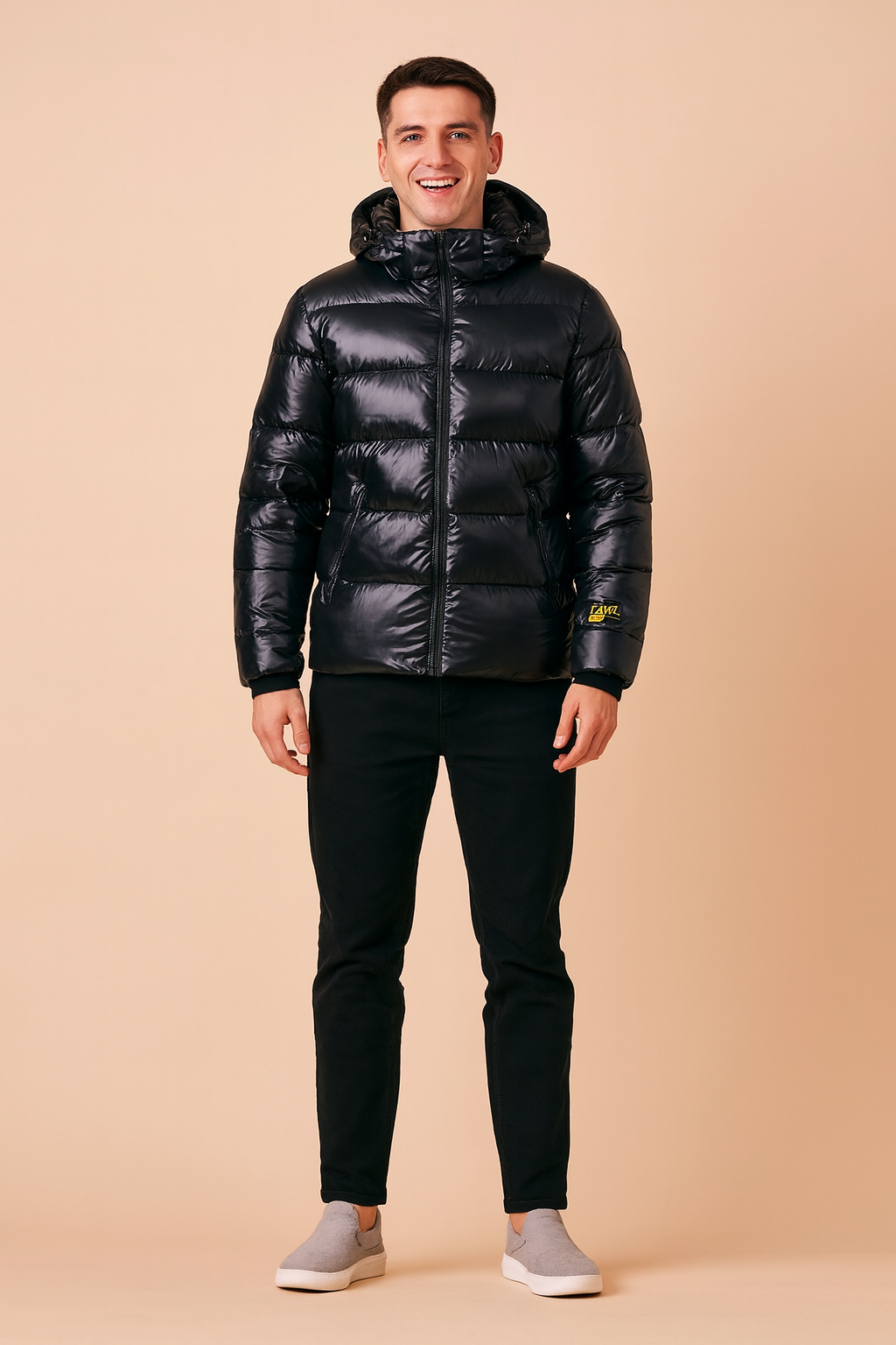 Black glossy puffer jacket with hood, horizontal quilted padding, and zip closure.