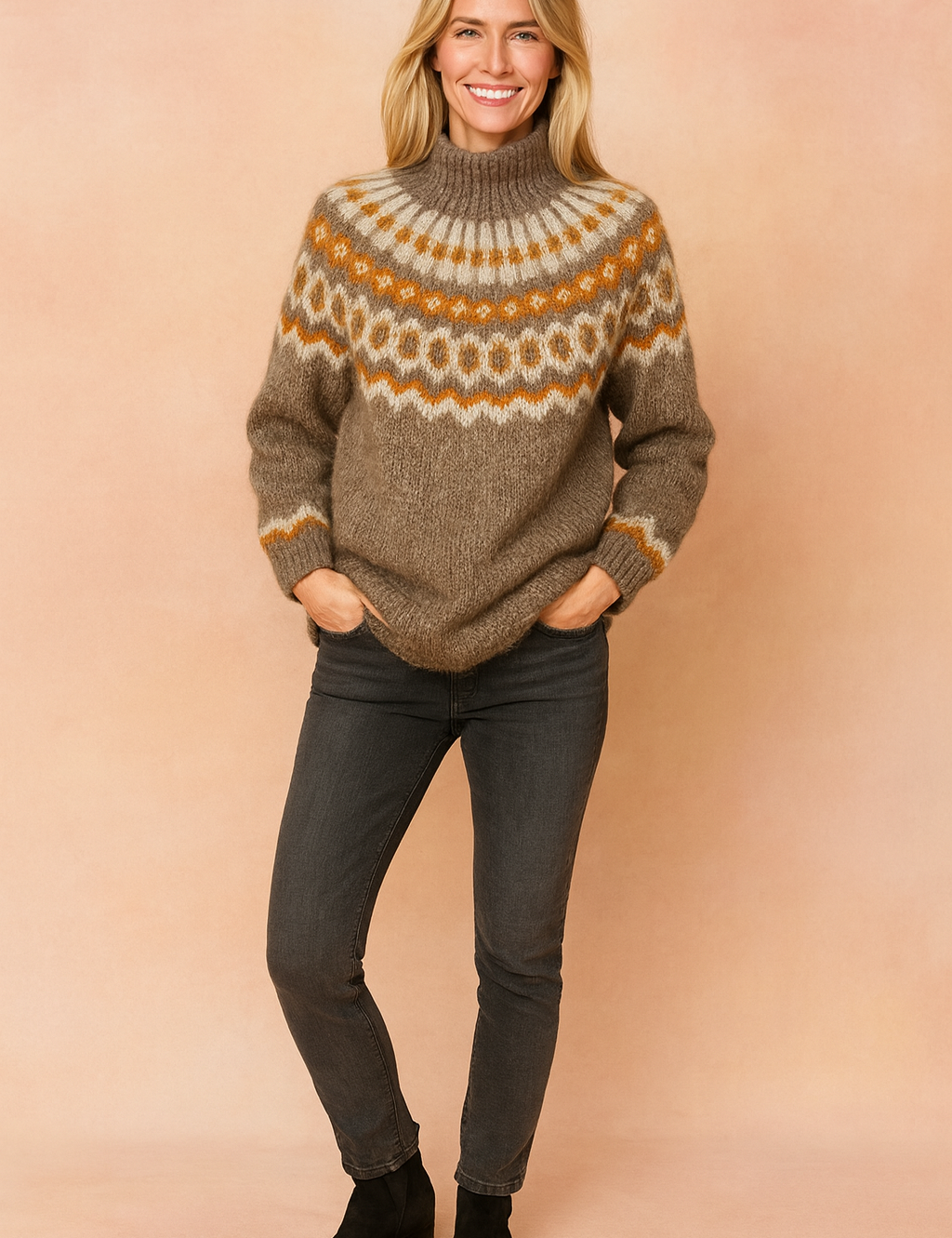 Chunky-knit Nordic sweater in heather brown with intricate white, beige, and burnt orange yoke pattern, paired with slim-fit dark gray jeans and black suede ankle boots.