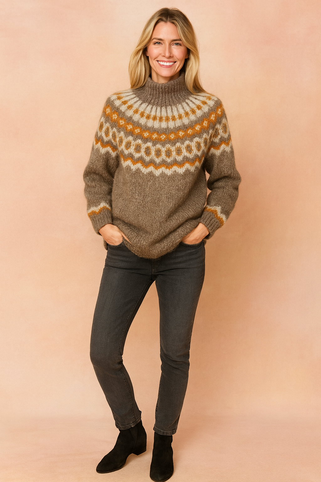 Chunky-knit Nordic sweater in heather brown with intricate white, beige, and burnt orange yoke pattern, paired with slim-fit dark gray jeans and black suede ankle boots.
