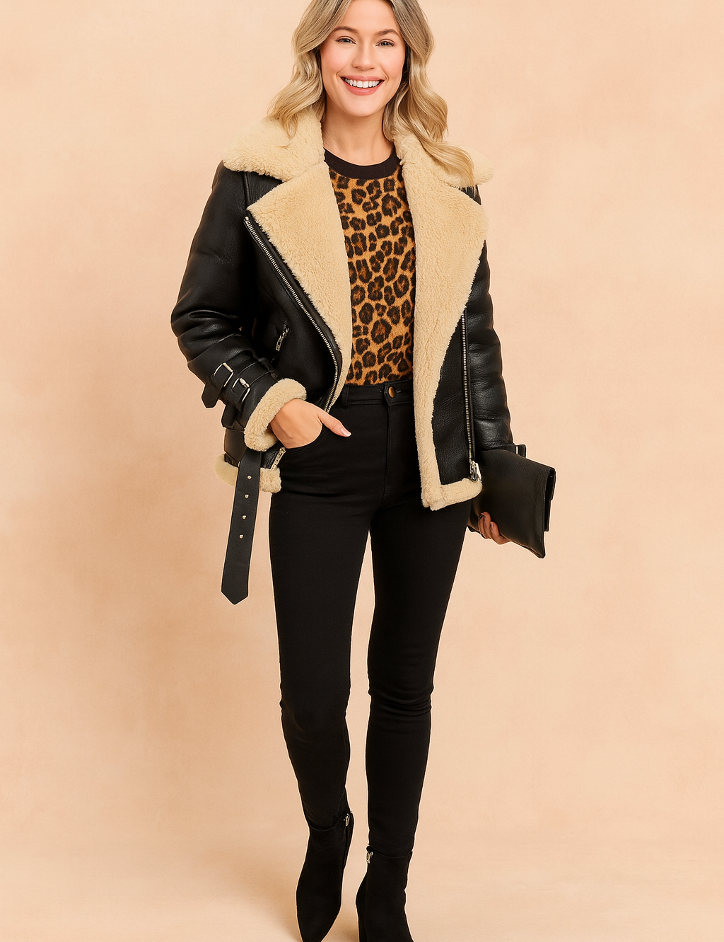 Black shearling aviator jacket with oversized beige faux-fur lining, wide lapels, belted cuffs with buckles, and zipper details, styled over a leopard-print sweater. Paired with fitted black skinny pants and black ankle boots for a bold, fashion-forward look.