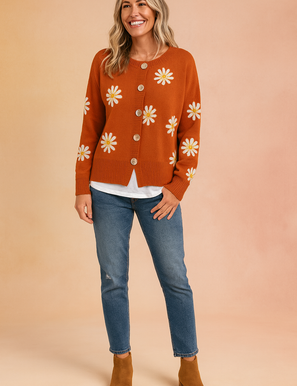 Orange button-up cardigan with white daisy prints, paired with a white undershirt, blue jeans, and tan ankle boots.