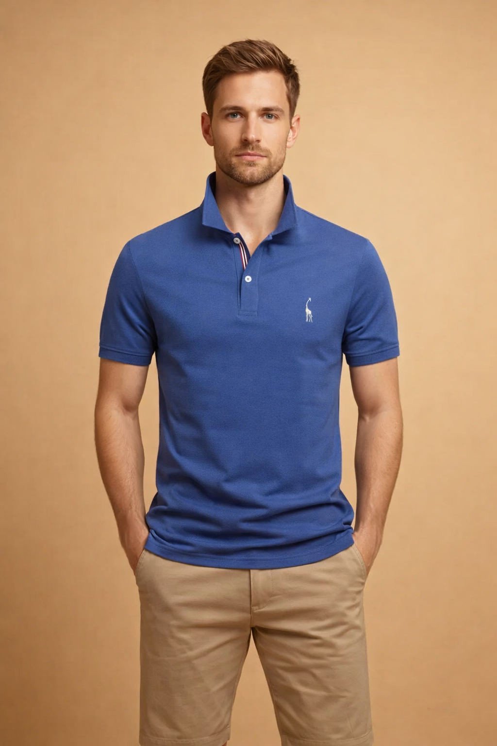 Classic short-sleeve polo shirt with a structured collar, buttoned placket, and subtle chest embroidery, styled with tailored beige chino shorts for a clean, modern look.