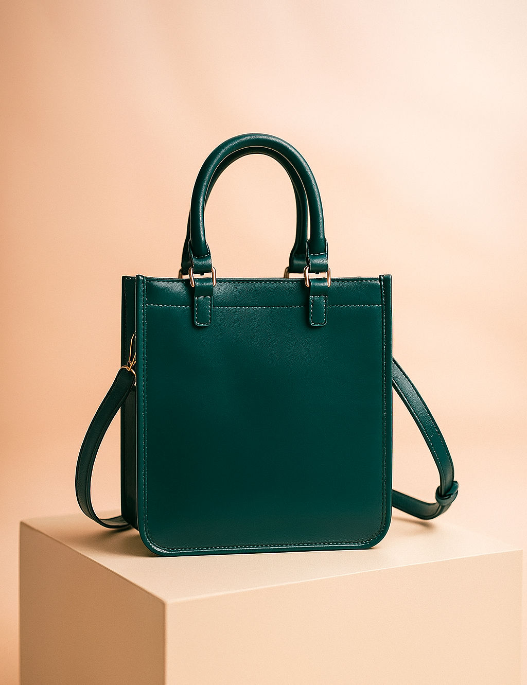 Structured teal leather handbag with smooth finish, double handles, and adjustable shoulder strap, placed on a soft-lit pedestal against a warm gradient background.