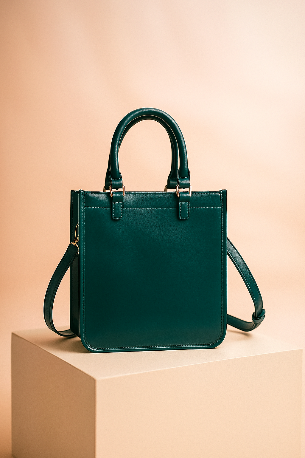 Structured teal leather handbag with smooth finish, double handles, and adjustable shoulder strap, placed on a soft-lit pedestal against a warm gradient background.