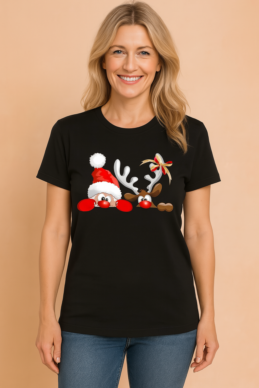 Glenda | T-shirt z reniferem w świątecznej czapce