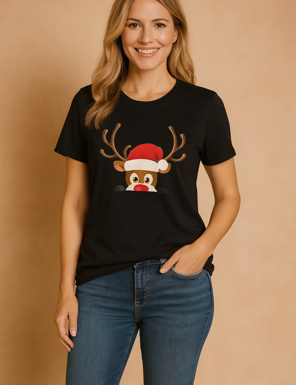 Glenda | T-shirt z reniferem w świątecznej czapce