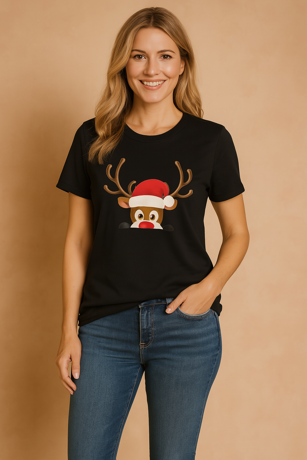 Glenda | T-shirt z reniferem w świątecznej czapce