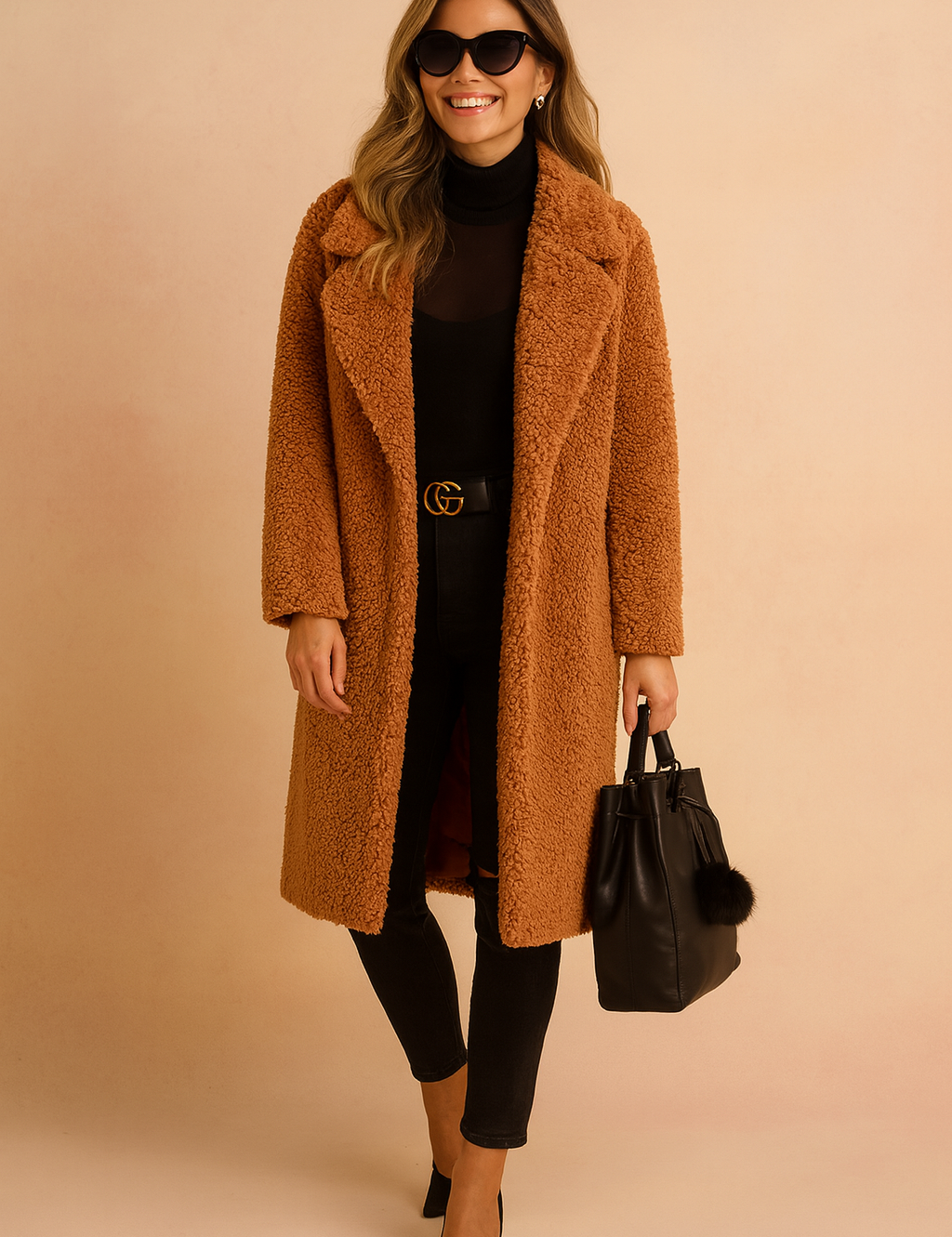 Stylish rust-orange teddy coat paired with a black turtleneck top, black distressed skinny jeans, black pointed-toe heels, and a black leather bucket bag with a fur charm.