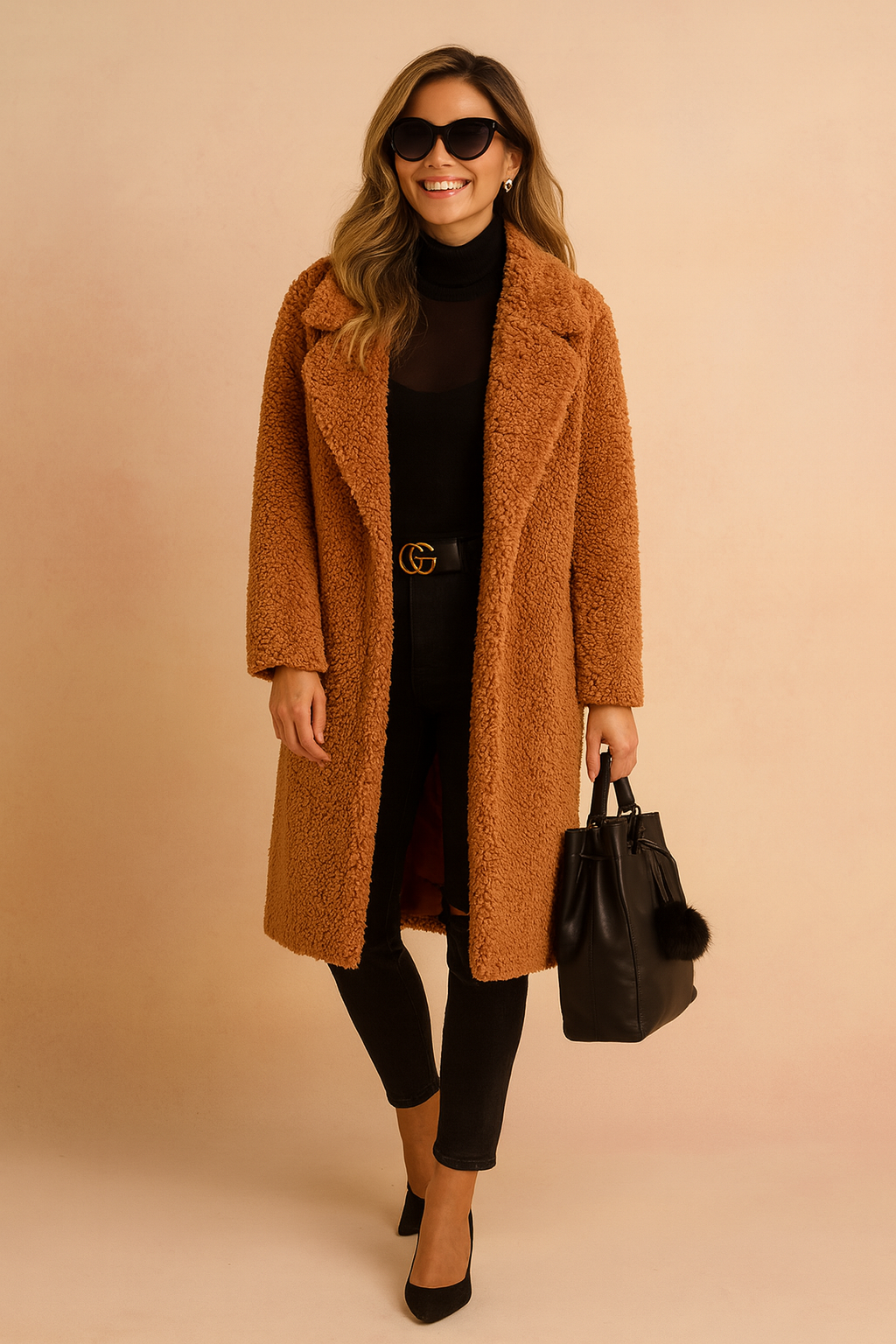 Stylish rust-orange teddy coat paired with a black turtleneck top, black distressed skinny jeans, black pointed-toe heels, and a black leather bucket bag with a fur charm.