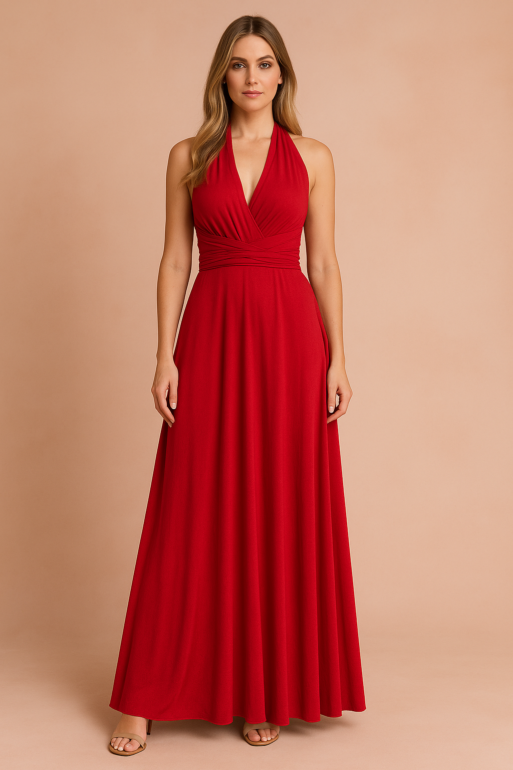 Elegancka, czerwona sukienka maxi typu infinity z dekoltem typu halter, drapowaniem do ziemi i wiązaniem na krzyż z tyłu, wykonana z miękkiej, lejącej tkaniny