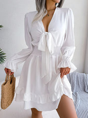 Damen Minikleid mit Bindeband und Volantärmeln 9