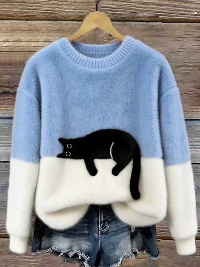 Damen Oversized Pullover mit Farbblockdesign und Katzenmotiv 0