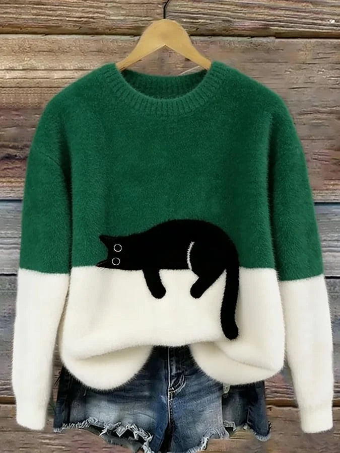 Damen Oversized Pullover mit Farbblockdesign und Katzenmotiv 3