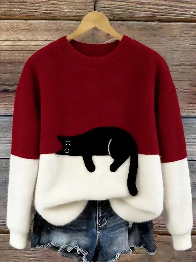 Damen Oversized Pullover mit Farbblockdesign und Katzenmotiv 5
