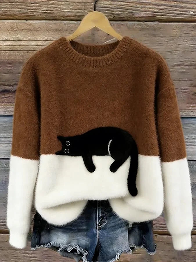 Damen Oversized Pullover mit Farbblockdesign und Katzenmotiv 8