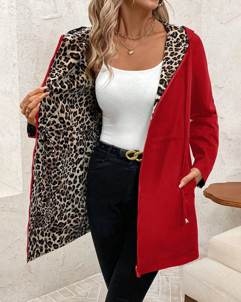 Damen wendbarer Mantel mit Kapuze und Leopardenmuster 0