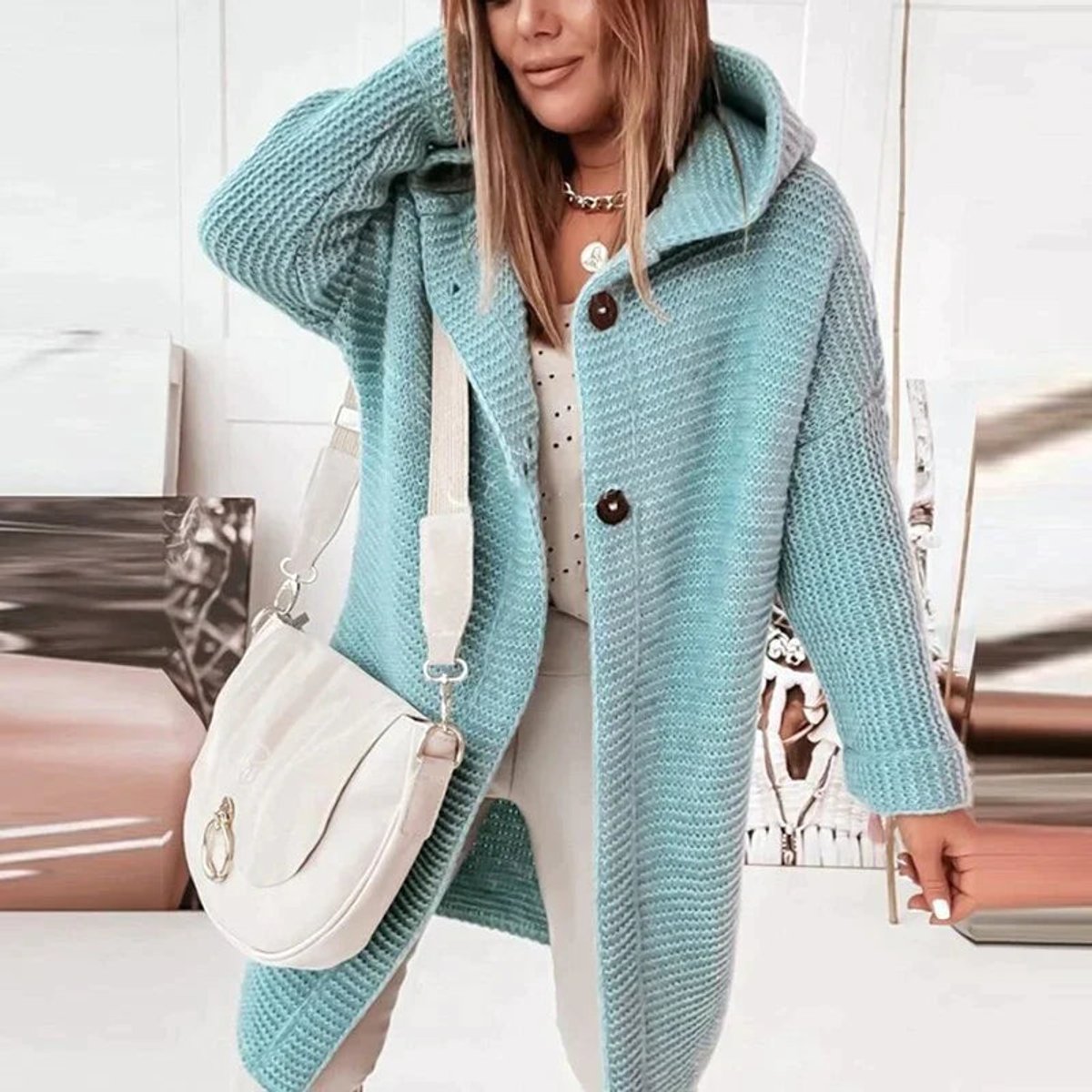 Długi Kardigan Damski Z Kapturem, Ciepły Oversize, Modny Styl Na Chłodne Dni 8