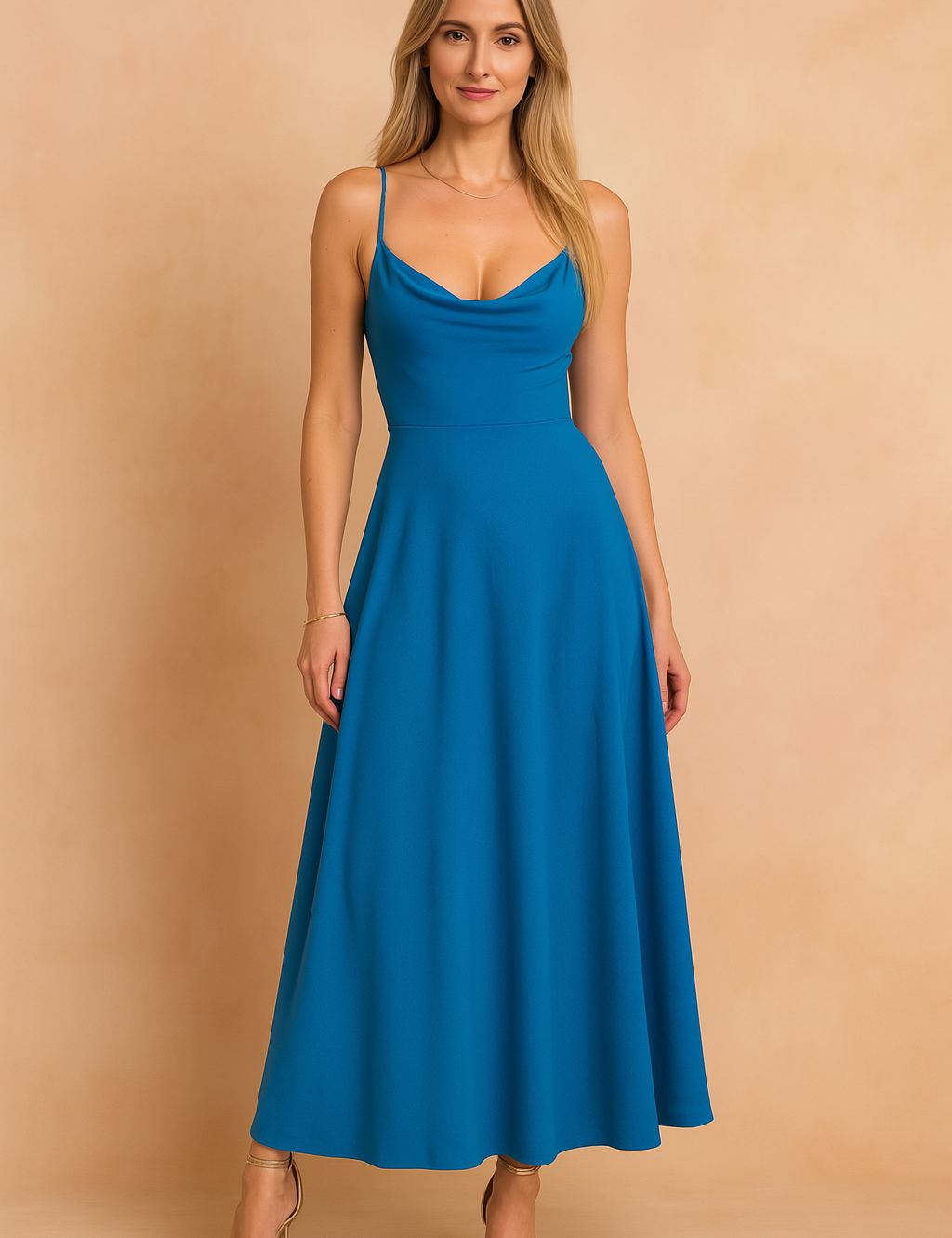 A cobalt blue A-line maxi dress with spaghetti straps and a fitted bodice, displayed in a softly lit fashion shoot against a warm sand and pastel pink background.