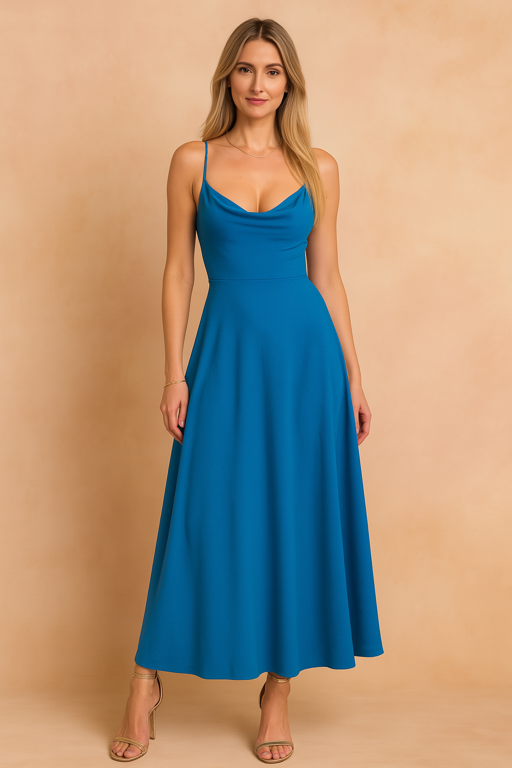 A cobalt blue A-line maxi dress with spaghetti straps and a fitted bodice, displayed in a softly lit fashion shoot against a warm sand and pastel pink background.