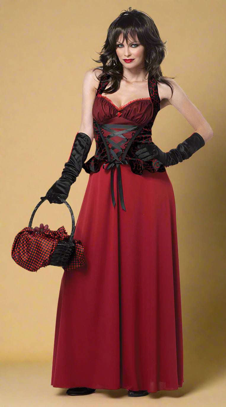 elegant-red-dress-with-black-corset-and-checkered-handbag