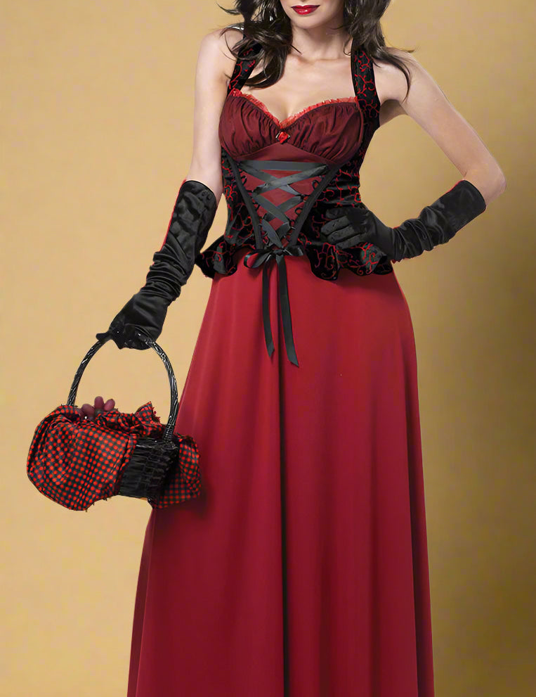 elegant-red-dress-with-black-corset-and-checkered-handbag