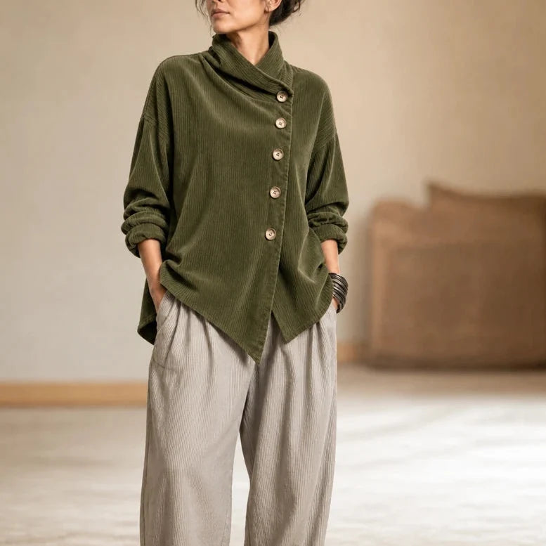 Everlayer – Draped Neck Asymmetrical Button-Front Top 0