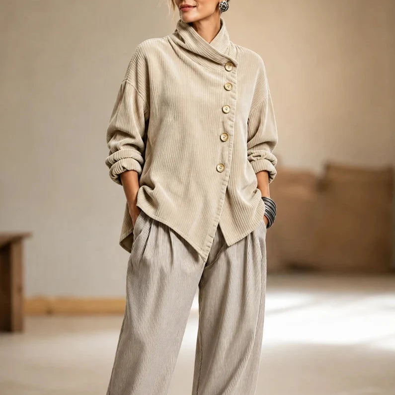 Everlayer – Draped Neck Asymmetrical Button-Front Top 11