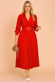 Bright red midi dress featuring a wrap-style top, long sleeves, belted waist, and pleated skirt