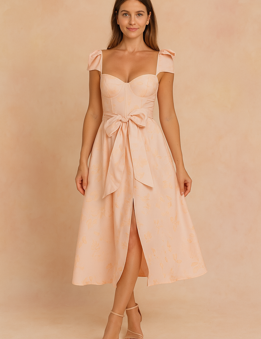 A sophisticated long summer dress in pink with a sweetheart neckline, bow-tied waist, and ruffled shoulder straps, posing against a softly lit warm sand and pastel pink backdrop in a fashion shoot style.