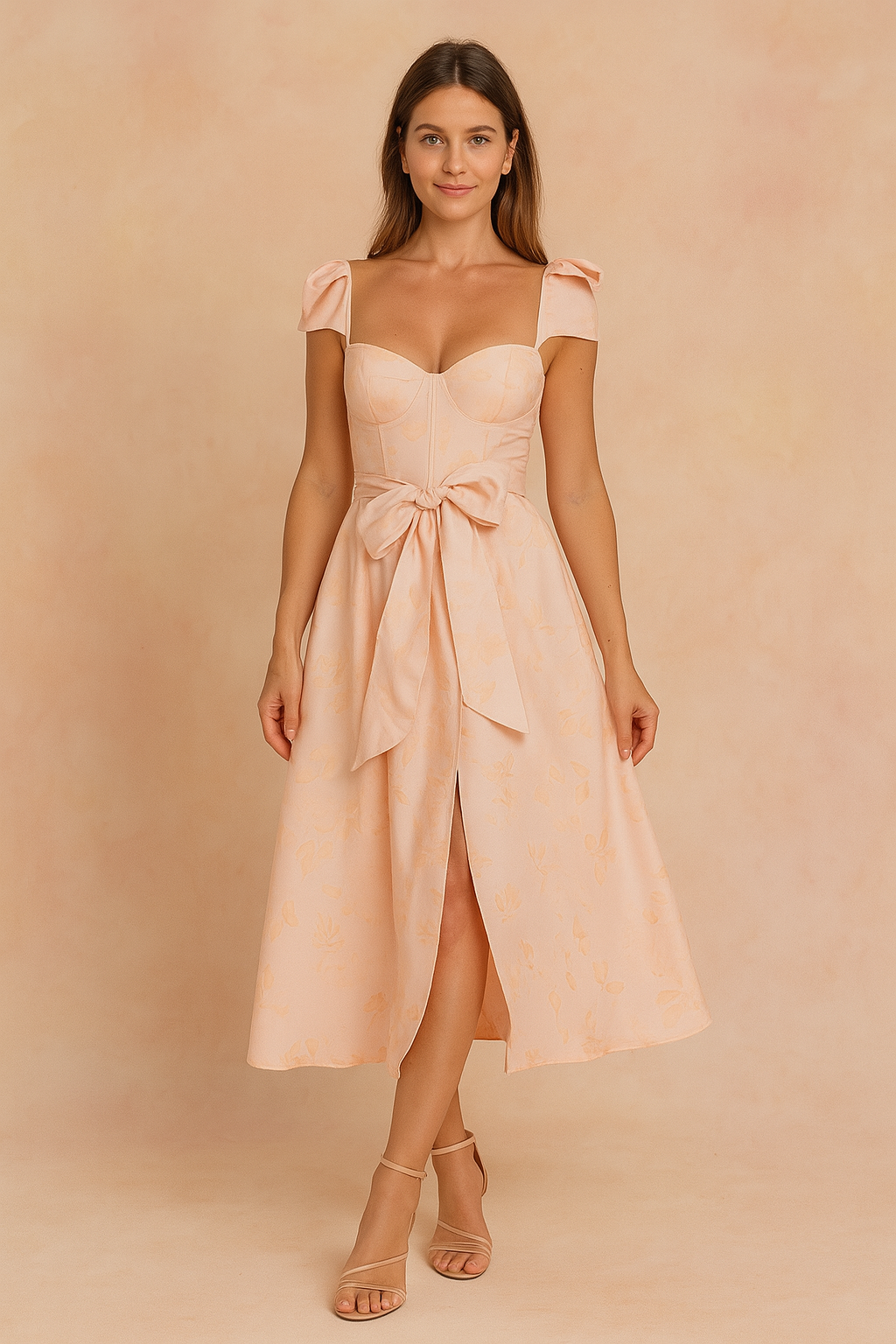 A sophisticated long summer dress in pink with a sweetheart neckline, bow-tied waist, and ruffled shoulder straps, posing against a softly lit warm sand and pastel pink backdrop in a fashion shoot style.