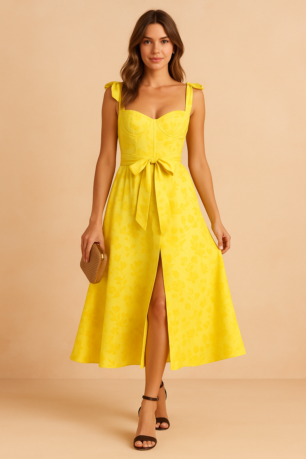 A sophisticated long summer dress in yellow with a sweetheart neckline, bow-tied waist, and ruffled shoulder straps, posing against a softly lit warm sand and pastel pink backdrop in a fashion shoot style.