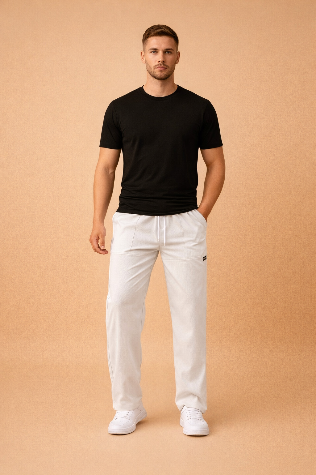 Men’s tailored white jogger trousers with elastic drawstring waistband, clean straight-leg cut, subtle seam detailing, and minimalist side label, styled with white low-top sneakers