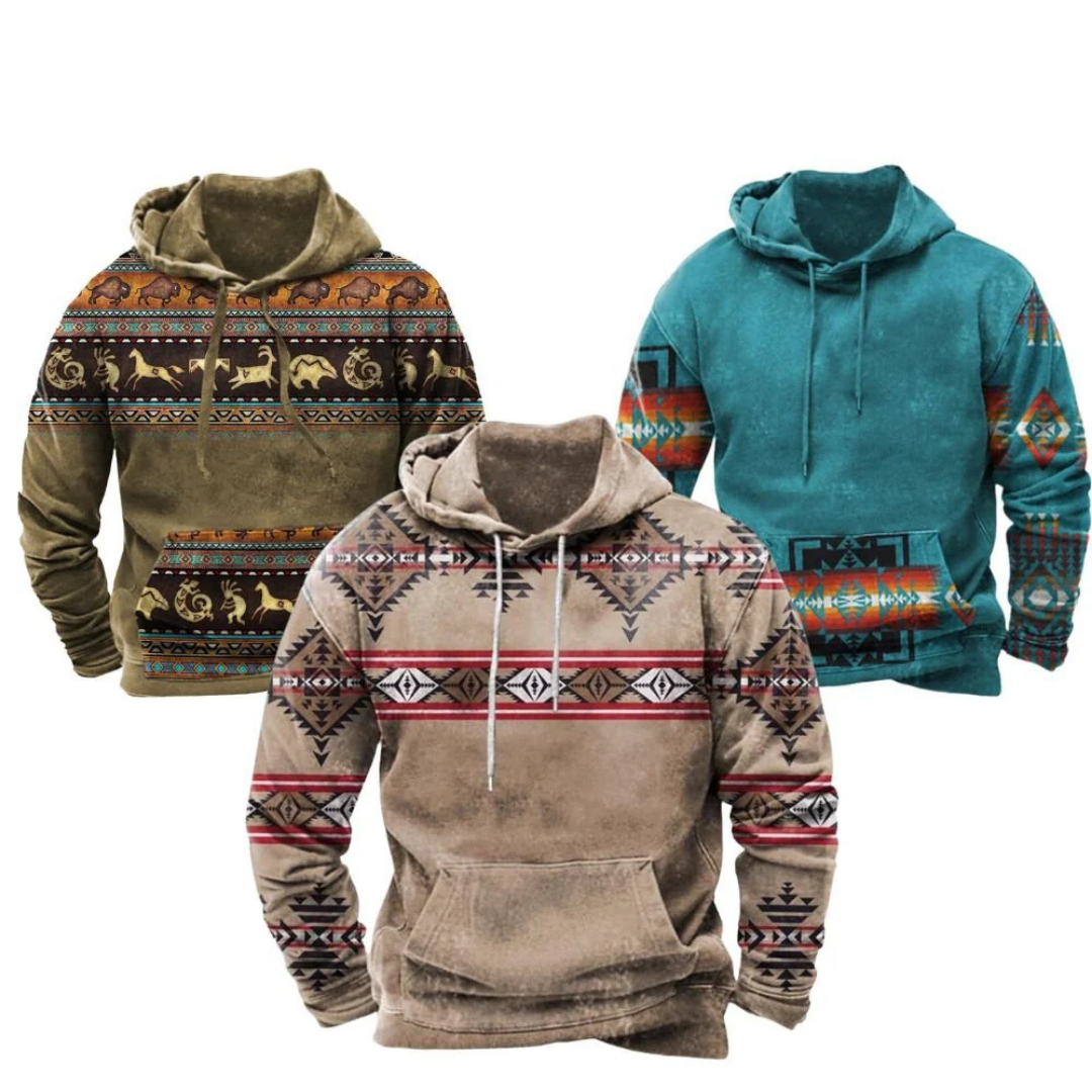 Męska bluza z kapturem w stylu vintage z nadrukiem plemiennym | Kieszeń kangurkowa 3