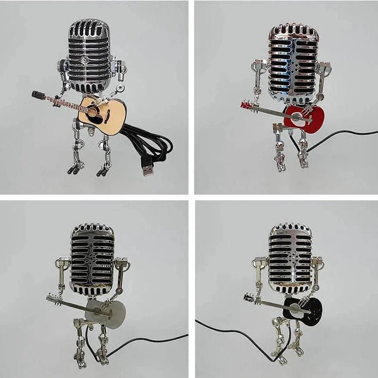 Metalowy robot z mikrofonem i lampą gitarową 2