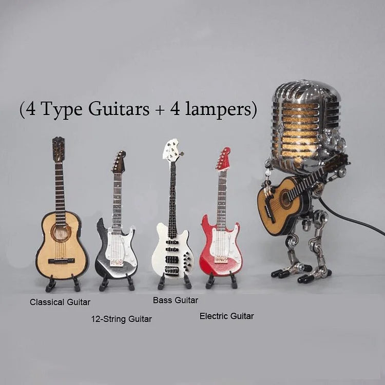 Metalowy robot z mikrofonem i lampą gitarową 4