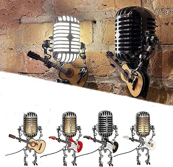 Metalowy robot z mikrofonem i lampą gitarową 5