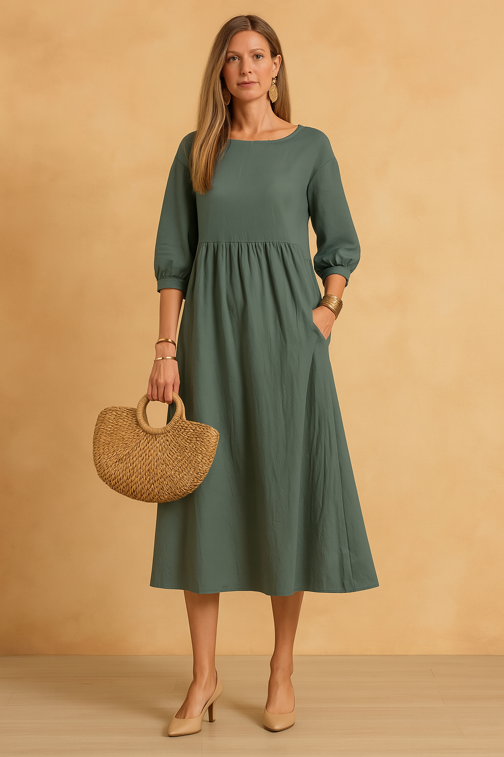 midi dress featuring three-quarter puff sleeves, a high gathered waistline, and a relaxed A-line silhouette